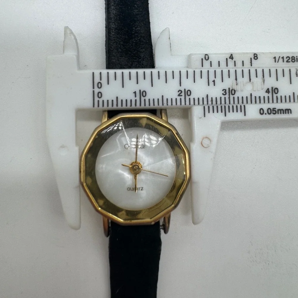 Carriage by Timex Womens Watch Gold Tone Decagon Mother‎ of Pearl Black Leather